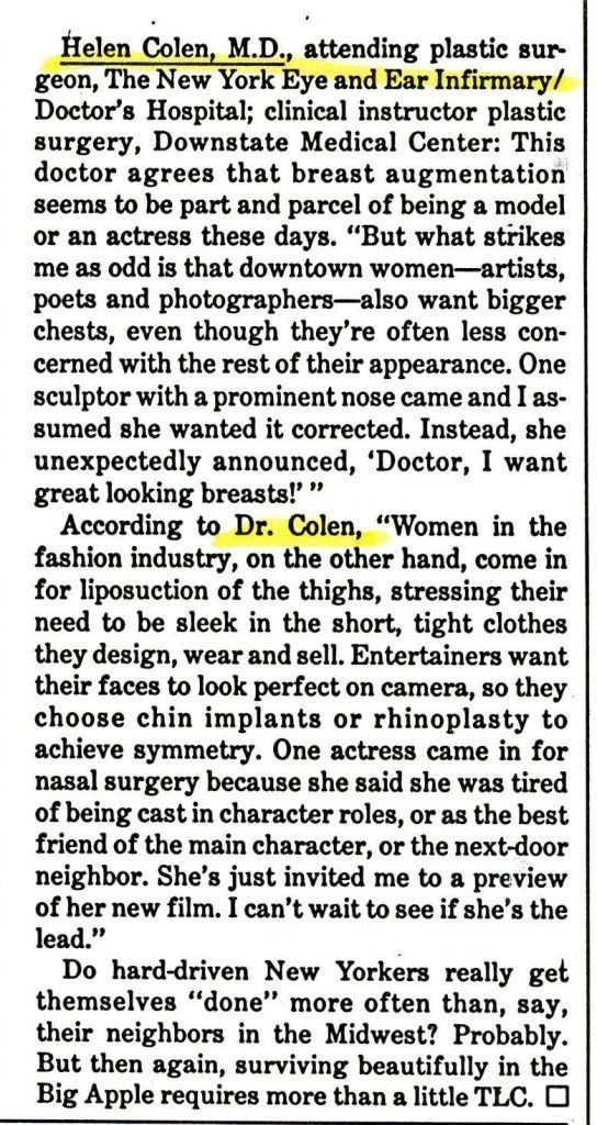 A close-up of a printed text discussing women's beauty standards and surgery.