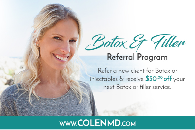 Smiling woman promoting Botox and filler referral program with $50 reward.